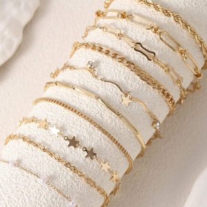 10pcs Set Fashionable & Elegant Copper Inlaid Rhinestone & Faux Pearl Star Silver Bracelets, Suitable For Women Daily Wear
