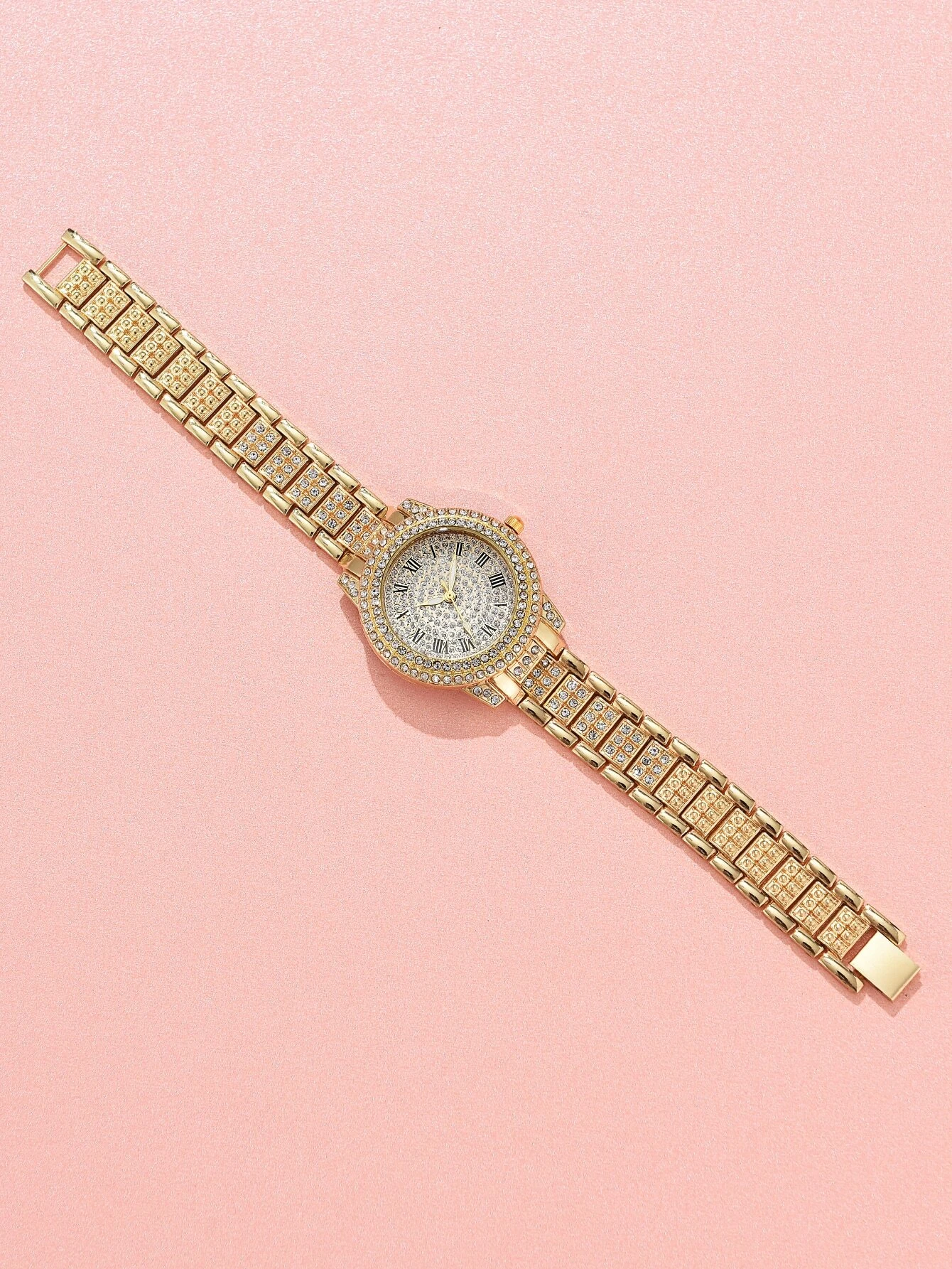 1pc Ladies Watch Rhinestone Decor Round Pointer Quartz Watch Holiday Gold Watch - Image 4